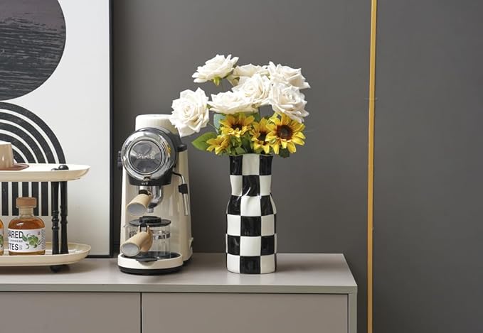 Ceramic Modern Checker Vase for Home Decor, Aesthetic Decoration for Livng Room, Bedroom, Kitchen, Minimalism Abstract Flower Vase Boho Chi, Wabi-Sabi, Hand-Pinched Pottery