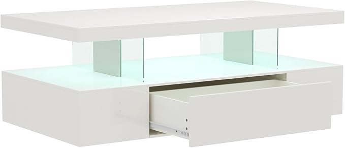 ChooChoo Modern LED Coffee Table, High Glossy Center Table with Drawer, Rectangle Coffee Table with Storage for Living Room, Bedroom, White