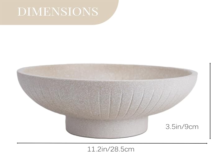 Minimalist Decorative Pedestal Bowl, 11.2''D Resin Vertical Stripes Catch All Bowl for Keys, Candles, Boho Large Dish for Coffee Table Centerpiece, Entryway Console Table, Beige White