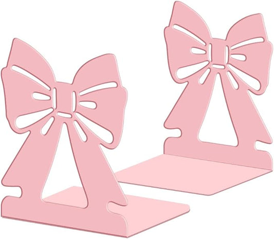 Peacoblue Metal Bookends for Shelves, Modern Decorative Heavy Duty Study Book Ends Stoppers for Office Desk Shelf, Room 5.3"x4.3"x6.1" Cast Iron Tall Bookends 1 Pair (Pink Bow)