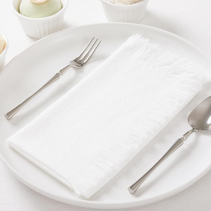 DeZerlor 12 Pack Ivory White Cotton Linen Napkins with Fringe Summer Cloth Napkins Set of 12 Boho Handmade Dinner Napkins Bulk for Wedding Bridal Baby Shower Parties, 17 x 17 Inches