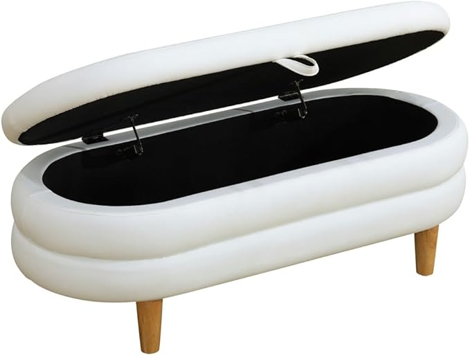 Storage Ottoman Bench 44.5 Inch Printed Fabric Upholstered Storage Bench for Bedroom End of Bed Large Oval Storage Ottoman for Living Room Entryway, Aesthetic (White-2)