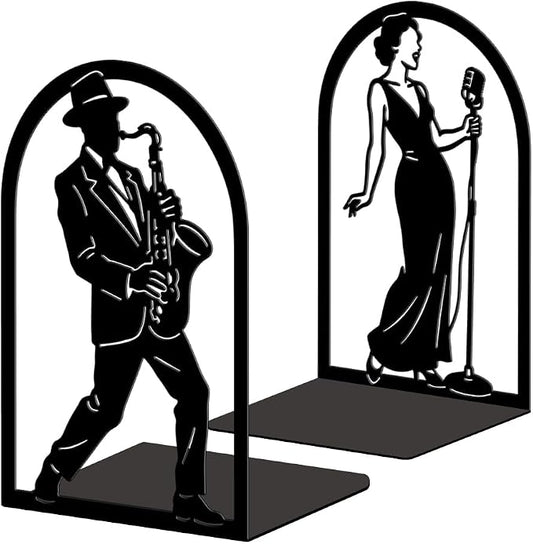 Peacoblue Metal Bookends for Shelves, Modern Decorative Heavy Duty Study Book Ends Stoppers for Office Desk Shelf, Room 5.3"x4.3"x7.9" Cast Iron Tall Bookends 1 Pair (Jazz Singer with Saxophone)