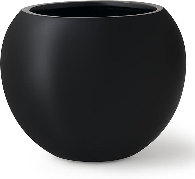 KUTE NEST 16" H x 20" D Premium Globo Fiberstone Round Planter with Drainage Hole, Smooth Finishes, Weather Resistant for Indoor and Outdoor Use, Included 2 Extra Coco Mats (Black, 13.5" Pot Opening)
