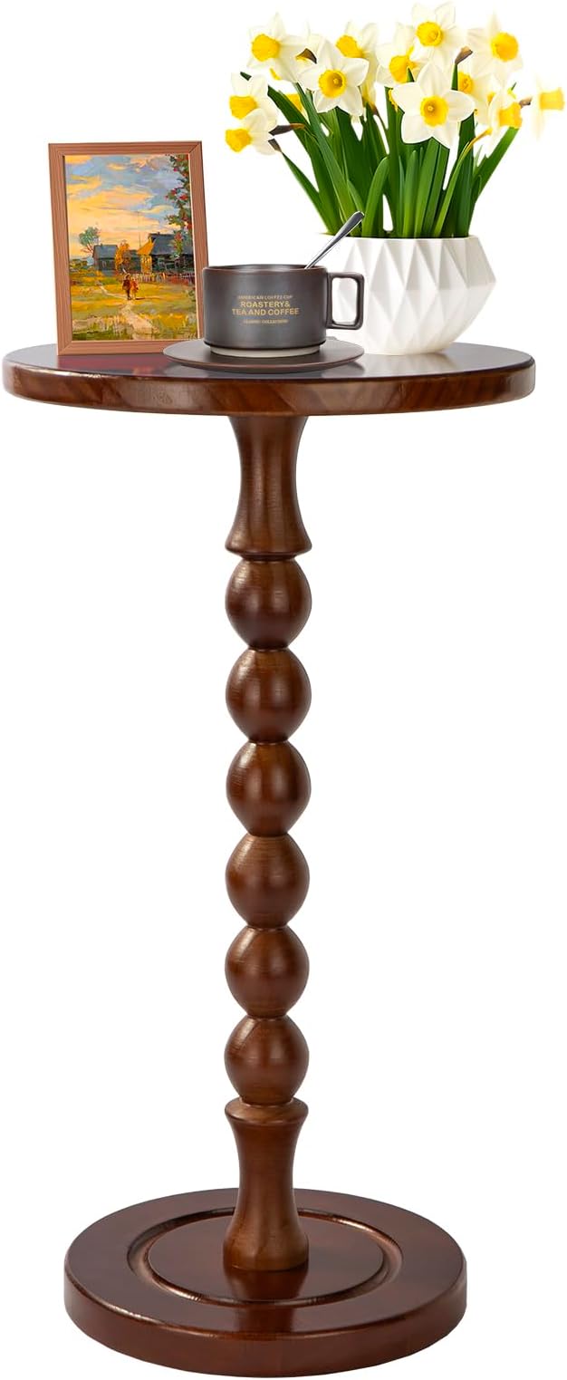 Round Side Table for Small Spaces, Drink Table with Oak Wood Pedestal, Modern End Table Nightstand for Living Room, Bedroom, Office, and Corners, Tool-Free Assembly, Brown