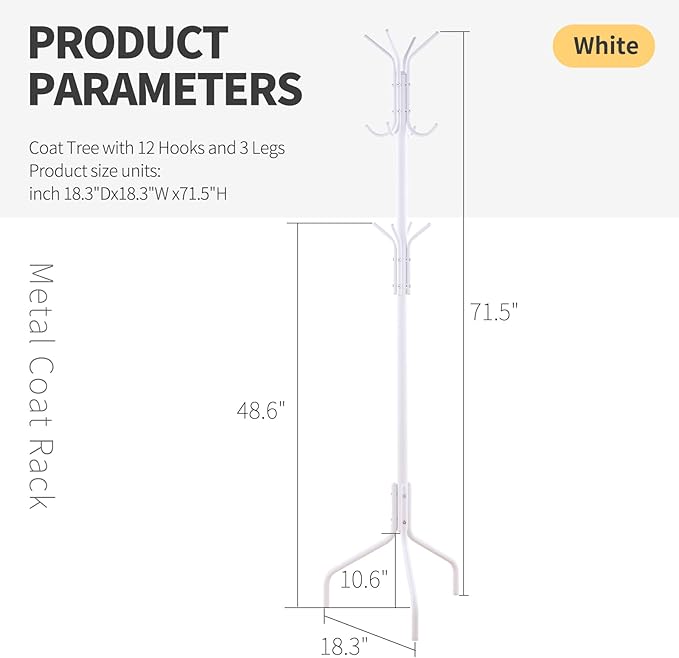 Coat Rack Freestanding for entryway,Living Room,Bedroom,Metal coat tree with12 Hooks and 3 Legs,hat stand (White)