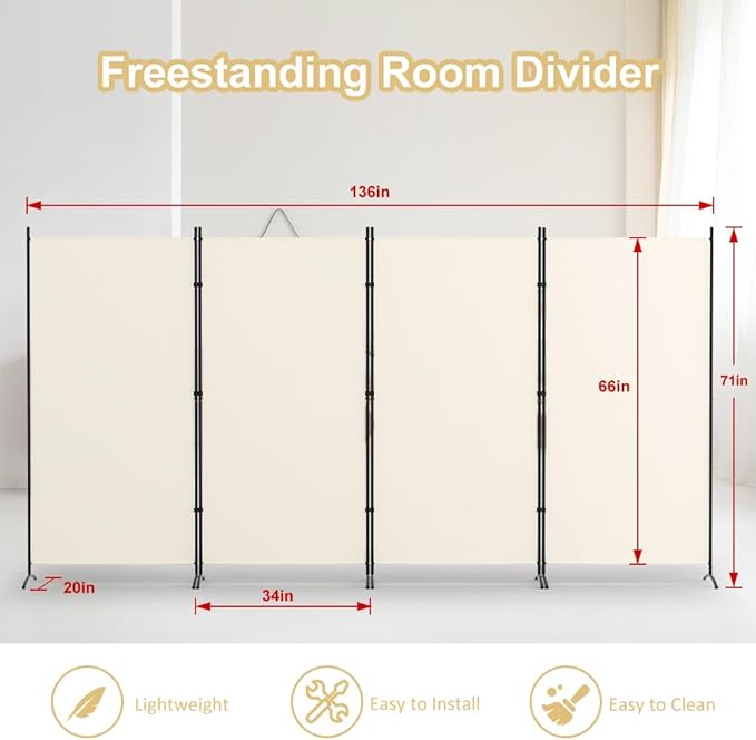 Kokorona 4 Panel Room Divider, 6FT Tall Folding Privacy Screen Wall Dividers, Portable Privacy Screen Freestanding Room Divider for Room Separation, Included - Cover Strips, Beige, 136''W x 71''H