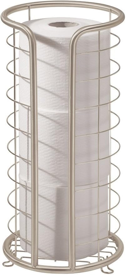 mDesign Metal Toilet Paper Holder Stand - Storage Reserve for 3 Rolls of Toilet Tissue - Freestanding Toilet Paper Holder - Stylish Bathroom Floor Toilet Paper Stand - Omni Collection - Satin