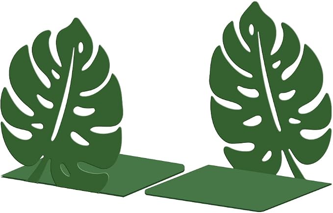 Peacoblue Metal Bookends for Shelves, Modern Decorative Heavy Duty Study Book Support Stoppers for Office, Desk, Shelf, Room 5.3"x4.3"x6.1" Cast Iron Simple Green Book Ends, 1 Pair (Monstera Leaf)