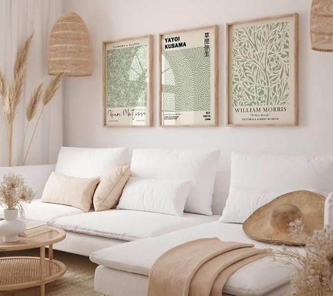HesenDot Matisse Sage Green Wall Art Set of 3,William Morris Wall Art Decor,12x16IN Truly Quality Canvas Wall Art Pictures,Yayoi Kusama Print, Unframed Fabric wall art,Art poster decoration for