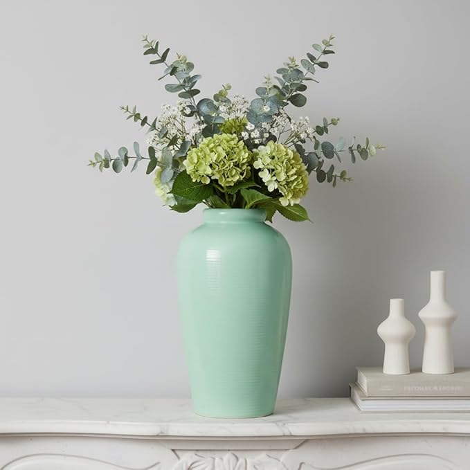 Green Ceramic Vase - 11 Inch Tall Modern Decorative Flower Vase for Living Room, Pottery Centerpiece Vases Home Decor, Eucalyptus, Mantel Decor, Side Table, Kitchen Decoration
