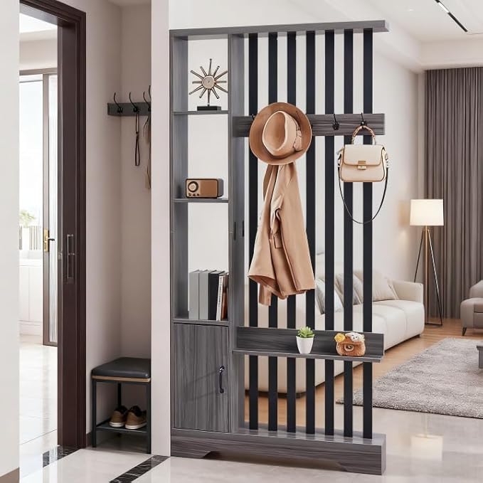 Room Divider with Shelves, Wall Room Divider Bookshelf, Freestanding Wood Privacy Screen with Storage Cabinet, Coat Rack, Display Shelf for Living Room Separation, Home Office Decorative (Grey)