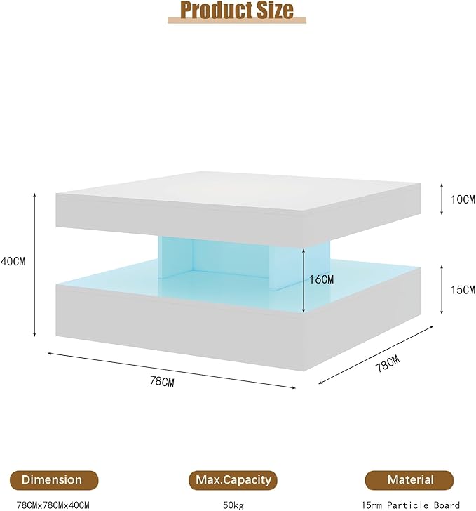 HedoAjim White LED Coffee Table for Living Room, 2-Tier Square Center Table Living Room Table, Modern High Glossy Contemporary Wood Coffee Tables with Storage, Suitable for Dining Reception