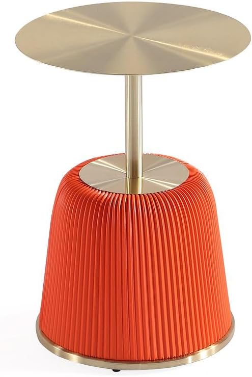Manhattan Comfort Anderson Modern 15.75" Round End Tables 1.0 - Elegant Leatherette Upholstered Base with Pleated Design & Gold Steel Tabletop, Fully Assembled Accent Furniture, Set of 1, Orange