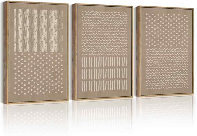 PHOPAGO Boho Mid-Century Modern Framed Wall Art Minimalist Geometric Neutral Wall Decor Bohemain Artwork Hallway Dining Room Decor - 12x16in Natural Framed