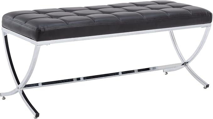HEAH-YO Modern Dining Bench for Table, Button Tufted Ottoman Bench with Metal Legs, Upholstered PU Faux Leather Footstool for Living Room Entryway, Black