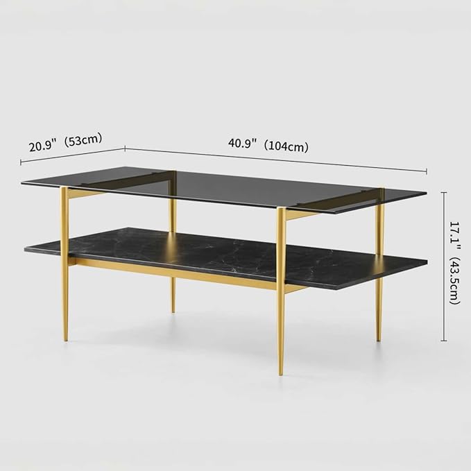 LumFurn Rectangle Coffee Table for Living Room, Mid-Century Modern Design, L41 x W21 x H17, 2-Tier Structure, Clear Glass Top and Black Marble Wood Shelf, Conical Metal Legs with Gold Finish