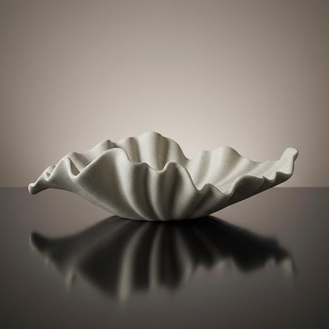 12" Large Decorative Bowl decor, Modern Home Decoration Scallop Bowl,Fashion Key Bowl for Entrance Table, Decorative Fruit Bowl for Kitchen Counter, Ruffle Decor, Light Gray