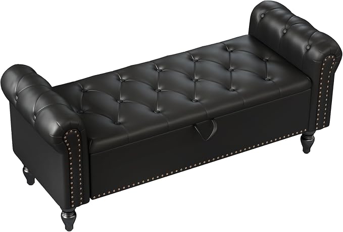 Furniliving 51” End of Bed Bench, Bedroom Bench with Button-Tufted, Large Upholstered Storage Ottoman Benches Entryway Bench with Storage Shoe Cabinet Bench, for Bedroom, Living Room, PU, Black