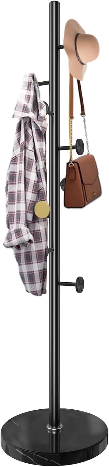 Modern Metal Coat Rack Stand, Coat Rack Freestanding with Natural Marble Base, Sturdy Heavy Duty Coat Racks with 8 Hooks, Black Coat Hall Tree Stand for Entryway, Office