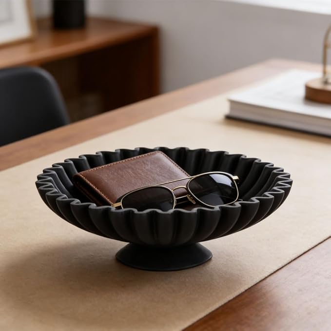 QIANLING Large Black Decorative Pedestal Bowl - Modern Resin Handcrafted Decorative Fruit & Key Bowl for Home Decor, Entry Table, Kitchen Counter, Coffee Table, Side Table, Living Room Accent