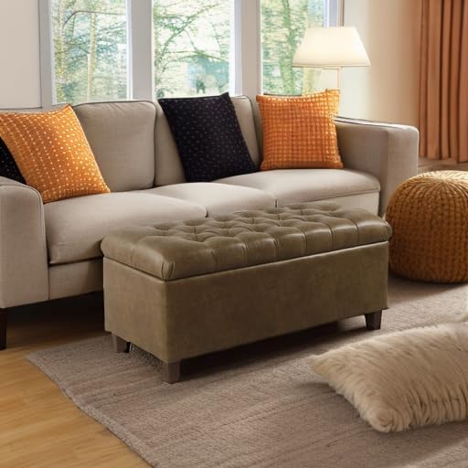 Homepop Home Decor | Button Tufted Storage Bench | Ottoman Bench with Storage for Living Room & Bedroom, Distressed Brown Faux Leather
