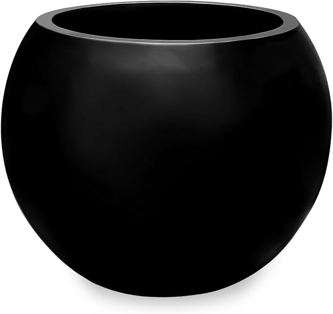 Marlo Fiberstone Round Planter (11.6" Pot Opening x 16.9"D x 13.4"H) Ribbed Finishes, Lightweight Durable, UV Resistant, Modern Minimalist Home Decor, Indoor Outdoor Pot (M, Ribbed Black)