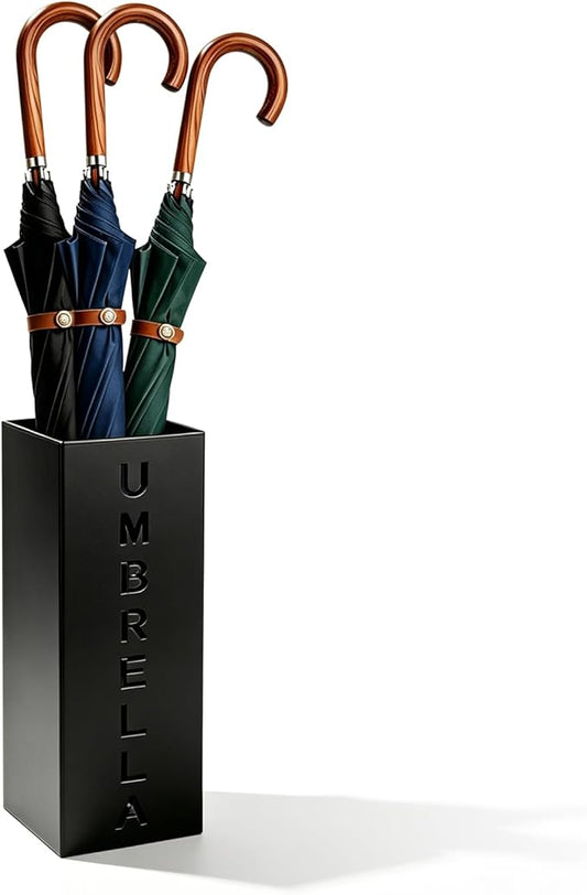 Square Metal Umbrella Canes Holder, Free Standing Umbrella Rack Stand Storage Bucket, Walking Sticks Organizer Bin for Indoor Entryway, Home, Office and Hotel, 16.3" x 6.3" x 6.3", Black