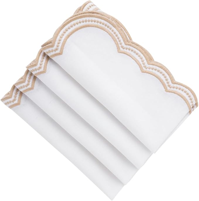 White Napkins with Gold Trim, 100% Cotton, Beige and White Scalloped Embroidery Cloth Napkins Washable Table Dinner for Hotel Restaurant Weddings Events Parties, Set of 4, 18x18