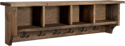 Alaterre Furniture Pomona Coat Hooks – Rustic Farmhouse 48" Wall-Mounted Entryway Coat Rack with Shelf, 6 Double Hooks & 4 Open Cubbies – Solid Wood Mudroom Hallway Storage Organizer (Rustic Brown)