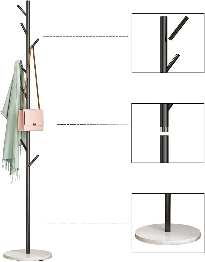 DOORXIFO Black Metal Coat Rack, Freestanding with Hooks, Entryway Coat Rack Stand, Coat Racks with Marble Base, Coat Tree for Hanging Clothes, Hats, Bags