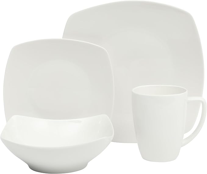 Gibson Home Zen Buffet White Porcelain Dinnerware Set for 4, Square Plates Bowls and Mugs, Chip and Scratch Resistant, Dishwasher and Microwave Safe, 16 Piece