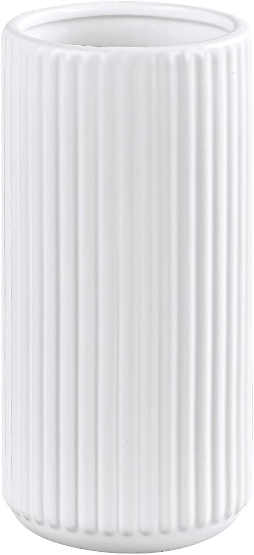 TIMEFOTO White Ceramic Flower Vase for Pampas Grass, 6 inch Small Decorative Centerpiece Ribbed Vase for Dining Table, Office Desktop, Shelf Bookshelf, Mantel, Bathroom, Countertop, Farmhouse, Gift