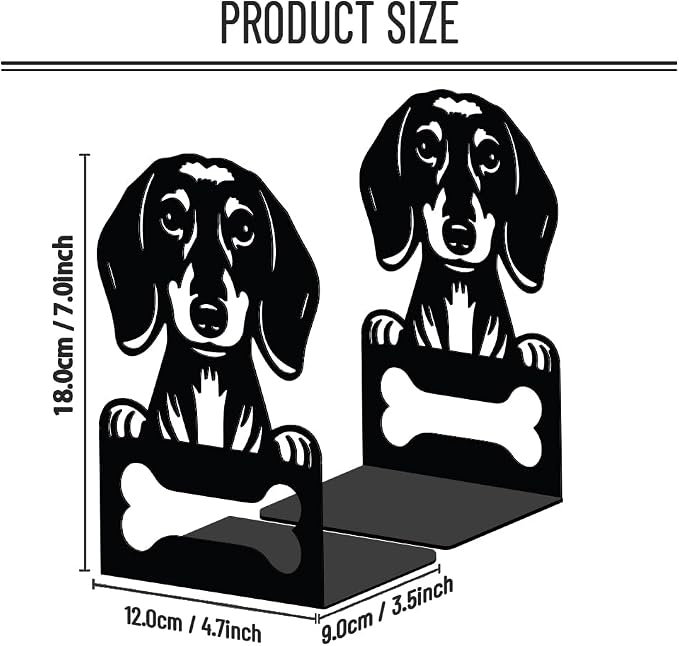 WADORN 1 Pair Dachshund Metal Decorative Bookend for Shelves, Heavy Duty Book Ends Cute Dog Non-Skid Books Holder Stand Black Book Support Stoppers for Desk Bookshelf Office Home, 4.7x3.5x7 inches