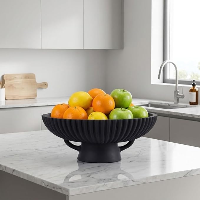 QIANLING Large Black Decorative Bowl - Modern Resin Pedestal Bowl for Home Decor, Fruit Bowl, Key & Snack Holder, Coffee Table, Entryway Table, Shelf, Side Table, Kitchen Counter, Bedroom Accent