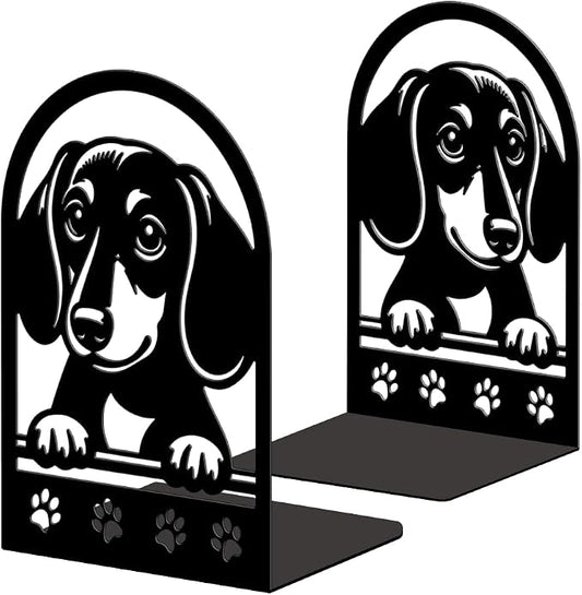 Peacoblue Metal Bookends for Shelves, Modern Decorative Heavy Duty Study Book Ends Stoppers for Office Desk Shelf, Room 5.3"x4.3"x7.9" Cast Iron Tall Bookends 1 Pair (Sausage Dog with Paw Prints)
