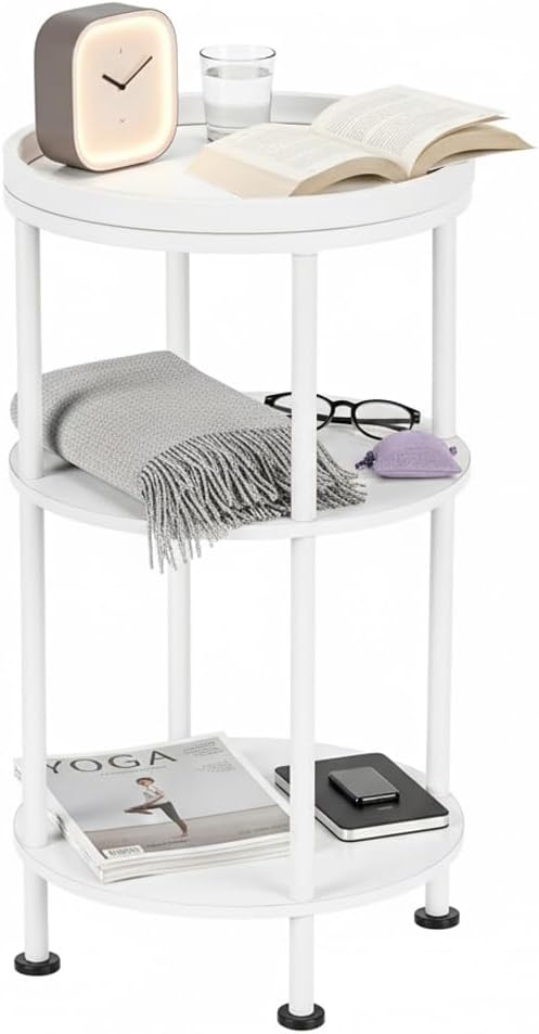 Small Round Side Table with Tray Top (Patented Design), 11.8" Narrow End Table for Small Spaces, 3-Tier Modern White Nightstand, Original Accent Furniture for Living Room Bedroom (Classic, White)