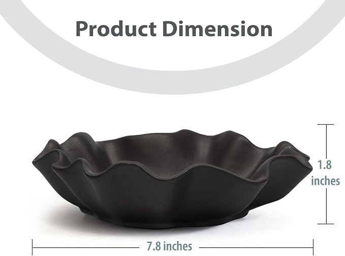 Small Black Ceramic Decorative Bowl, Modern Home Decor Centerpiece 7.8 Inches Key Jewelry Ruffle Fluted Scalloped Bowl with Wavy Edge
