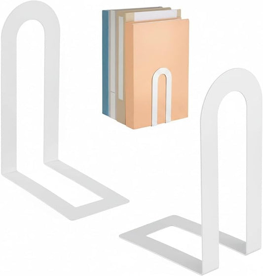 Chunful 4 Pcs White Book Ends for Shelves Modern Metal Bookends Decorative Small Bookends Book Shelf Organizer Minimalist Design Stopper to Hold Books for Home Office (5.5 * 3.75 * 2.25inch)