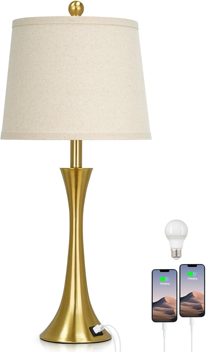 Rinweey 27.5" Gold Lamps for Living Room, Touch Control 3-Way Dimmable Bedside Nightstand Lamps Bedroom Lamp,Modern Gold Table Lamp with USB A+C Ports,Tall Lamps for Living Room End Table（1Pack）