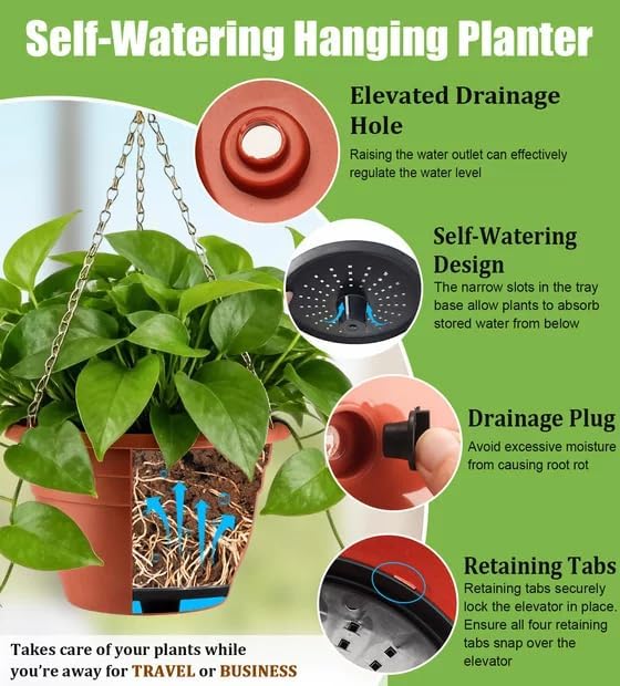 RooTrimmer Hanging Planters 10 Inch, 4 Pcs Flower Pots with Drainage Hole, Self Watering Hanging Basket for Indoor Outdoor Plants, Decor, Pottery Red