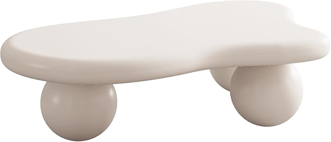 40" Modern White Coffee Table Cloud Shape Low Center Table Cute Irregular Indoor Tea Table with 3 Ball Legs for Living Room Small Space