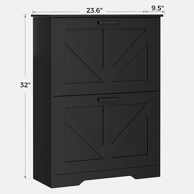 Homleke Farmhouse Shoe Cabinet for Entryway with Barn-Style Flip Drawers, Narrow Shoe Storage Organizer with Top Display Shelf, Adjustable Shelves, Shoe Rack for Hallway, Closet- (Black, 24")