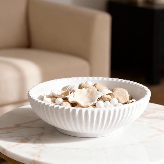 Resin Large Decorative Pedestal Bowl for Home Decor - White Ribbed Fruit Bowl For Kitchen Counter Or Table Decor - Key Bowl for Entryway Table Decor - Centerpiece Bowls for Keys, Fruit, Candy