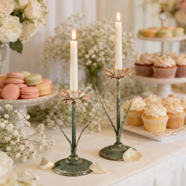 Vintage Lotus Flower Taper Candle Holders Set of 2, Distressed Green Metal Candlestick Stands with Pink Floral Design, Rustic Farmhouse Tabletop Centerpiece for Wedding, Dining & Home Decor