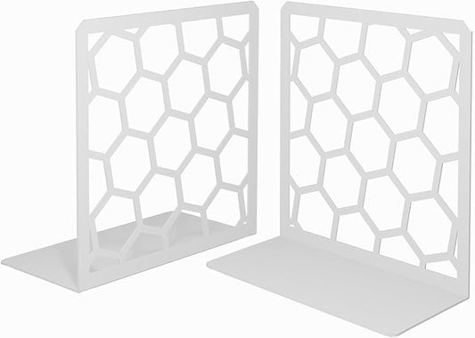 Gray Geometric Honeycomb Metal Bookends - Book Ends for Shelves - Decorative Modern Heavy Duty Bookend Stopper - Book Ends for Heavy Books - Home Office Book Holder - 1 Pair, 6x3.25x6.25 in