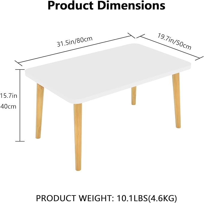 Square Coffee Table Low Table with 4 Solid Wood Sturdy Legs,Floor Table Desk for Sitting on The Floor,19.7"D x 31.5"W x 16"H Inches,Living Room/Toy room Furniture,Rental house Furniture (White-Square)
