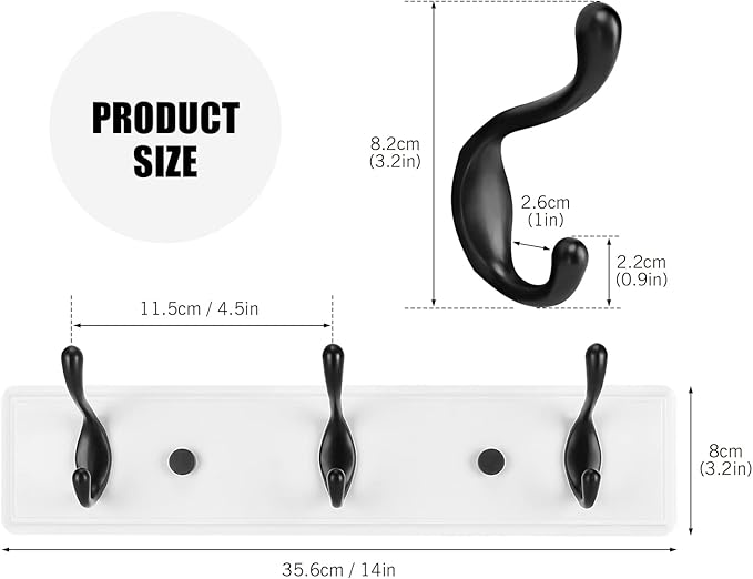 Badiano Wooden Coat Rack, Wall-Mounted Organizer for Closet, Entryway, Hallway, Foyer, Bedroom, Heavy Duty Double Hooks for Hanging Towels, Bags, Hats, Jackets, Key (WhiteBlack, 3 Hooks)