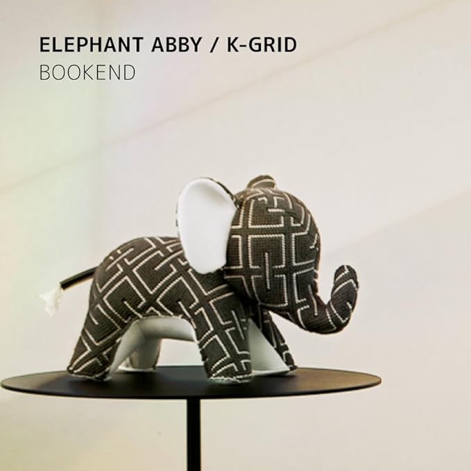 Zuny Artist Edition Elephant Abby Bookend - Kvadrat Grid Gray White, Handmade Leather Single Book End, Checkered Grid Textile Designer Collaboration Home Decor for Bookshelf Desk, 11 x 4.3 x 7.4