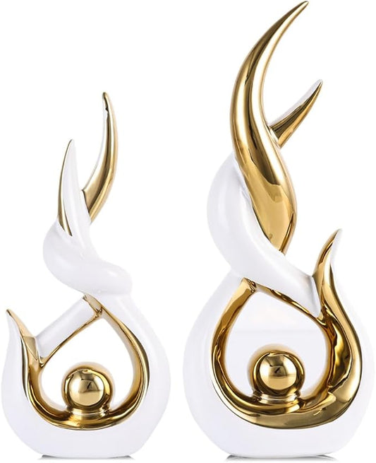 White Gold Ceramic Abstract 2 Piece Statue Set,Mid Century Modern Abstract Art Home Decor Statue Mantelpiece on Unique Shelf Decor, TV Cabinet Divider Table top and Dining Table Centerpiece